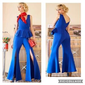 Retro 70s style jumpsuit Deep v neck Ruffled super split flared bell legs small
